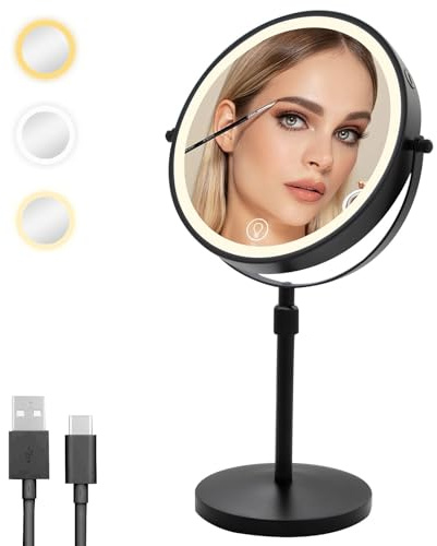 Cuteefun Espejo Maquillaje con Luz, Espejo Aumento 10X Sobre Soporte, Altura y Brillo Ajustables, Rotación de 360°, Luz LED de 3 Colores, Recargable por USB, Ideal para Dormitorio, Tocador, Negro
