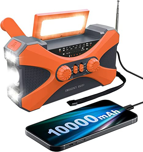 Quystetes Radio di emergenza da 10000 mAh, radio a manovella solare, radio portatile con caricabatterie per telefono, torcia LED arancione