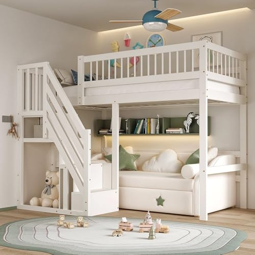 PUGSDRLY Lit Mezzanine 1 Place,Lit Mezzanine Enfant 90x200cm avec Escalier de Rangement et Petite Armoire,pour Adolescent,Design de Clôture Haute,Cadre de Bois Massif (Blanc-A, 90x200)
