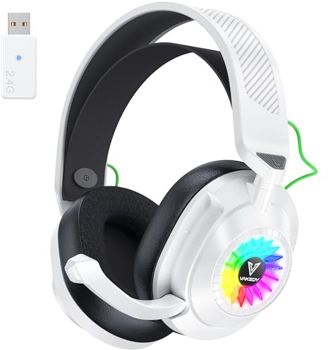 Vakedy HW10 Wireless Gaming Headset for PS5, PS4, PC, Switch, Mac, 2.4GHz Wireless Gaming Headphone with Flip Noise Canceling Mic, 50H Battery, 50mm Drivers, RGB Lights (White/Black)