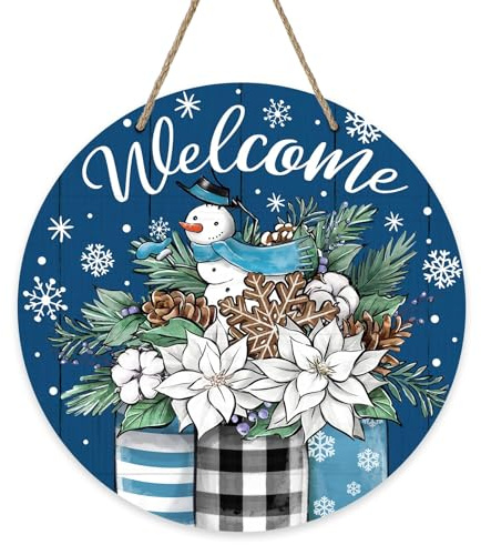 Willkommen Holzschild Türschild Winter, Türschild Schneemann, Türschilder Winter, Blau, Willkommensschild Zum Aufhängen für Weihnachtsdekoration, Haustür, Wand Dekoration