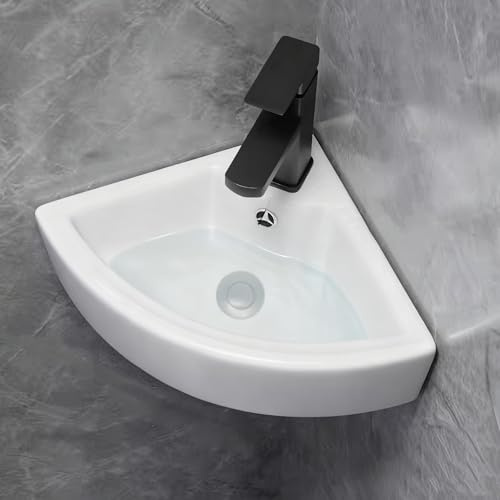 TRAGLO Lavabo Moderno para baño, Lavabo de Esquina de Pared con Grifo de Agua fría y Caliente, Lavabo pequeño de cerámica para inodoros, Blanco(Style A)