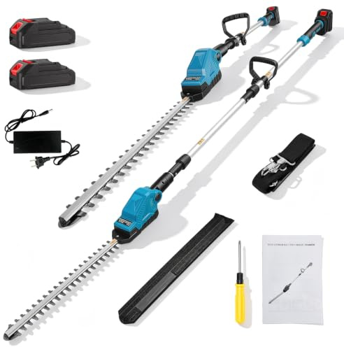 Tagliasiepi telescopico a batteria con 2 batterie da 2,0 Ah e caricabatterie rapido, 550 W, 22000 giri/min, doppia lama da 16, testa regolabile a 90°, manico lungo 2,80 m, tagliasiepi per la cura