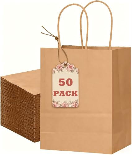 50 Pack Small Brown Paper Bags with Handles – 8.3 x 3 x 6 Inch Kraft Gift Bags, Sturdy Flat Bottom Shopping Tote for Party Favors, Weddings, Retail & DIY Craft