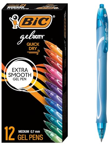 BIC Gelocity Quick Dry Assorted Colors Gel Pens, Medium Point (0.7mm), 12-Count Pack, Retractable Gel Pens With Comfortable Full Grip