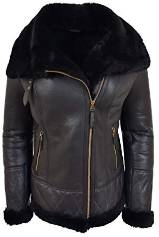 A1 FASHION GOODS Alexa Veste en peau de mouton double face pour femme Noir, Noir , 44
