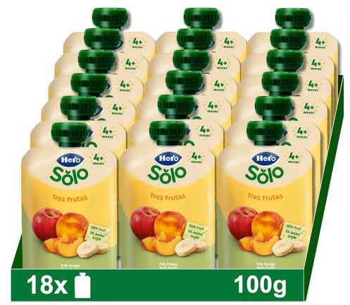 Hero Solo, Bolsita de 3 Frutas con Melocotón, Manzana y Plátano, Sin Conservantes ni Colorantes, Aceite de Palma, Gluten, ni Azúcares Añadidos, Para Bebés A Partir de los 4 Meses - Pack de 18 x 100 g