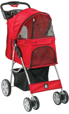 KCT Hooded Foldable Pet Dog Cat Stroller Red- 4 Wheel Travel Carriage with Safety Leash, Canopy, Cup Holder, Storage Tray