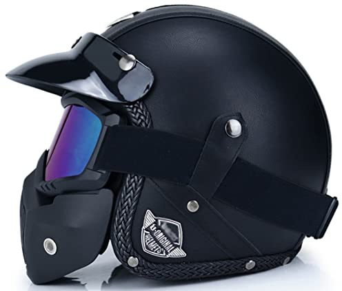 Retro Jet Motorcykelhjälm Med Mask Och Glasögon Vintage öppen Ansiktshjälm Vuxen 3/4 Motorcykelhjälm Avtagbar Brätte ECE-Godkänd Mopedhjälm För Män Och Kvinnor B,M=(57-58CM)