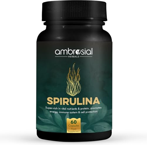 Ambrosial Spirulina Capsules 500mg - Highly Dosed Tablets, Vegan, No Additives, Protein Powder, Greens Powder, Spirulina and Chlorella, Immune System Booster, 60 Capsules