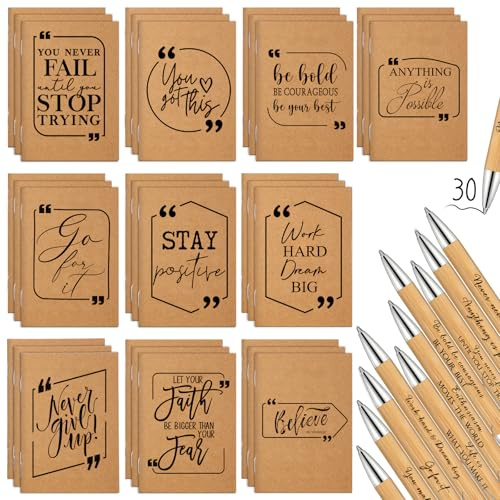 Fulmoon 60 Pcs Motivational Pens Inspirational Notebooks Gifts Bulk Inspirational Ballpoint Pen Small Note Pads Appreciation Gifts for Employee Social Worker Volunteer Secretaries Teachers (Brown)