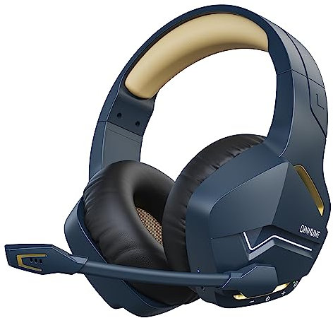 BINNUNE Wireless Gaming Headset with Microphone for PS5, PS4, PC, NS, Mac, 7.1 Crystal-Stereo Bluetooth Headphones, PS5 Headset Wireless 2.4GHz with Lossless Audio, 120 Hr Battery - Gold/Blue