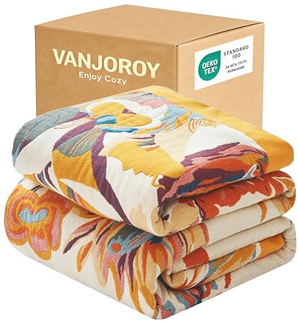 VANJOROY Boho Throw Blanket 60 x 80, 100% Organic Cotton Skin-Friendly Lightweight Ultra Soft Bed Quilt Throw - Summer Floral Butterfly Farmhouse Decor Blanket for Sofa Couch Chair and Gift.