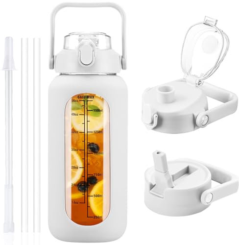 HYDRAGLAZIC 2L Glass Water Bottle with 2 Lids Flip and Chug Lids 2 Liter Large Water Jug with Time Marker and Silicone Sleeve BPA Free Leak-proof for Sports Gym, White