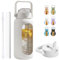 HYDRAGLAZIC 2L Glaswasserflasche mit 2 Deckeln Umdrehen und tuckern Deckel 2 Liter Groß Wasserkrug mit Zeitmarkierung und Silikonhülle BPA-frei Auslaufsicher für Sport Gym, Weiß
