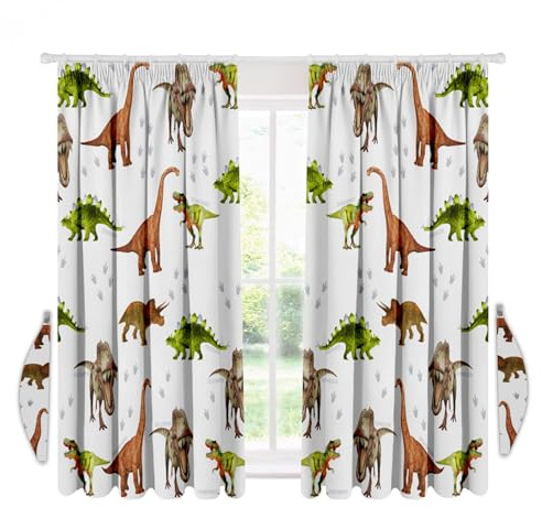 VELVETIO Dinosaur Curtains for Bedroom, Boys & Girls Polycotton Animal Print Eyelet Ring Top, Lightweight Kids Window Panel with Matching Tie Back, 66 x 72 cm, Multi