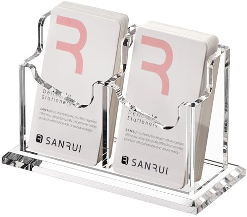 SANRUI Acrylic Vertical Business Card Holder for Desk，Clear Business Card Display Stand Organizer Storage Rack for Exhibition, Home , Office , 2 Slots 1 Tier, Holds 100 Cards