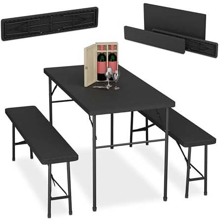Relaxdays Ensemble Table Pliante et 2 bancs, pour Jardin, pavillon ou Camping, 120 cm, Aspect rotin, Noir