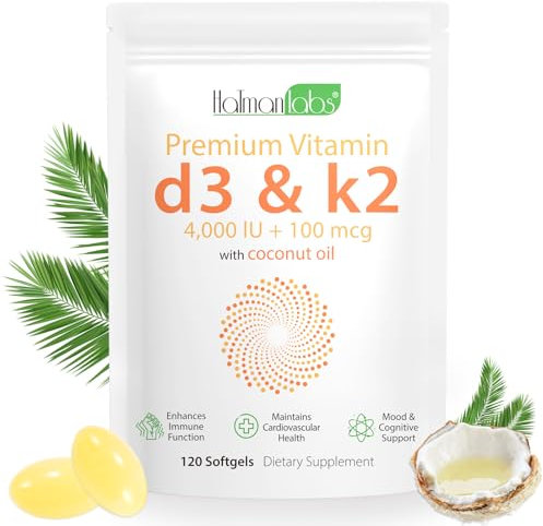 Vitamin D3 & K2(MK-7) Ergänzungskapsel, 4000 IE VIT D3 + 100 MCG mit Kokosöl, 120 leicht zu schluckende Vitamin D3 K2 Tabletten, glutenfrei, hochdosiertes vegetarisches D3 und K2 Vitaminpräparat