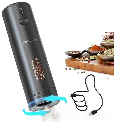 CIRCLE JOY Electric Pepper Grinder Rechargeable, Automatic Pepper Mill with 110ml Container, External Adjustable Coarseness, White Led Light and One-Handed Operation, Black
