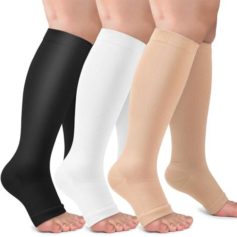 3 Paar Kompressionsstrümpfe Damen und Herren,15-20mmHg Kompressionssocken Offene Spitze Abgestufte Unterstützung Stützstrümpfe kniestrümpfe für Flug,Laufen, Sport, Reise(Schwarz/Weiß/Hautfarbe,L-XL)