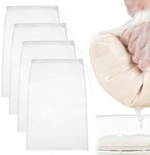 4Pcs Reusable Micron Fine Mesh Filter Bags,Drawstring Cold Brew Coffee Cheese Cloths Strainer, Mesh Bags Muslin Cloths for Nut Milk, Soy Milk, Grape Juice, Jelly,Food Straining