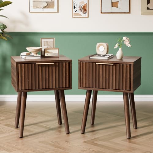 Bonnlo Walnut Bedside Table with 1 Drawer, Grille-Style Nightstand Tall Solid Wood Legs Sofa End Table, Modern Bedside Storage Drawers for Bedroom, Living Room, 40 * 30 * 55 cm