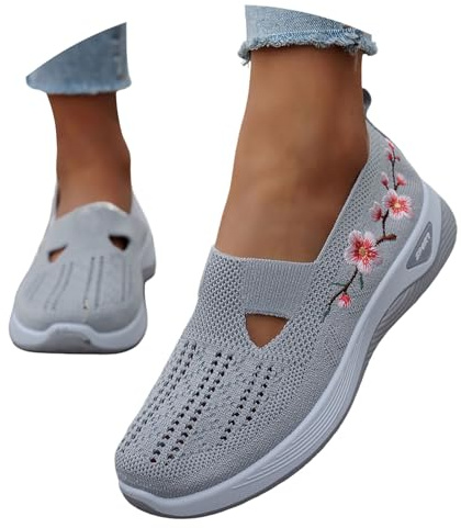 Scarpe Donna,Scarpe Ortopediche Donna Ricamo Fiore Senza Lacci Sneakers Morbide Comode Ginnastica Scarpa Traspiranti Estive Sportive Sneakers Leggere Antiscivolo Camminare Grigio 38