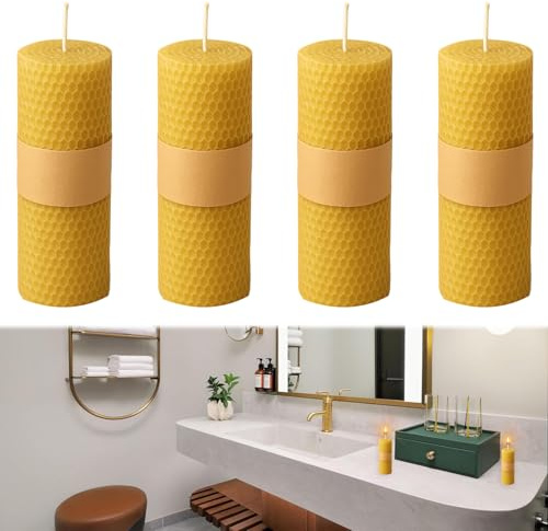 Beeswax Candle, 4PCS Beeswax Candle Gift for Home, Handmade Natural Dinner Candles, Honeycomb Texture, Long Burning, Eco-Friendly for Dinner Table, Camping, Any Indoor Decoraton