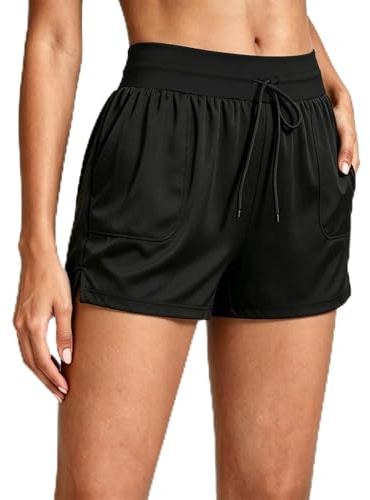 MKEOIEAU Womens Swim Shorts with Pockets, High Waisted Swimming Swimsuit Bottoms, Adjustable Drawstrings Quick Dry Beach Shorts Ladies Girls