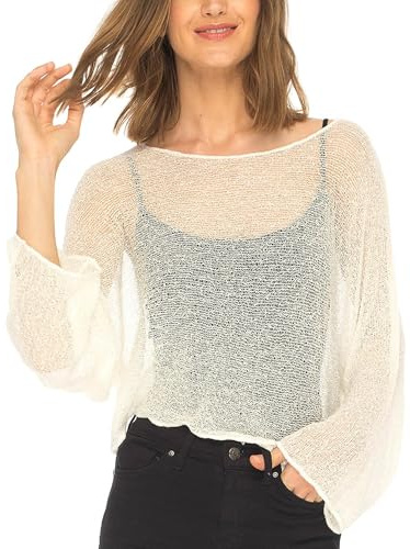 SHU-SHI, donne - Poncho maglione coprispalle leggero lavorato a maglia con camicetta trasparente bianco sporco