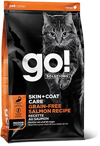 Go! Solutions Skin + Coat Care Salmon Grain-Free Dry Cat Food, Chicken-Free, Healthy Kibble with Omega-3s & 6s for Soft, Shiny Fur, for Kittens, Adults, & Seniors, 3 lb Bag
