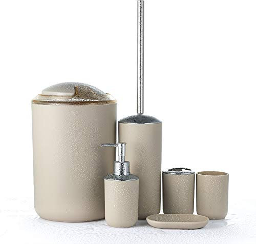 JOTOM Badset, Badezimmer Zubehör Set Badausstattung Sets mit Seifenschale Seifenspender Halter Zahnputzbecher Mülleimer Toilettenbürste WC Bürste (Beige)