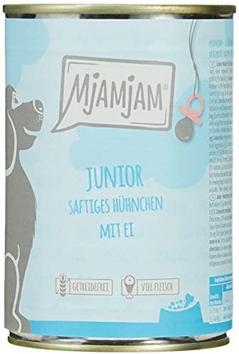 MjAMjAM - Premium Nassfutter für Hunde - Junior saftiges Hühnchen mit Ei, 6er Pack (6 x 400 g), naturbelassen mit extra viel Fleisch