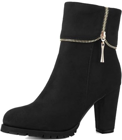 Lroey Reoly Botines Mujer Tacón Ancho, Botas de Vestir Elegante Zip Botines Tacón Alto Punta Rojoonda Ankle Cuff 535 Negro Talla 44 EU