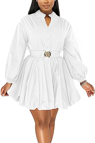 ENOPINK Womens Puff Sleeve Mini Dress Fall Dresses 2026 Button Down Split V Neck High Waist Party Clubwear with Belt White XL