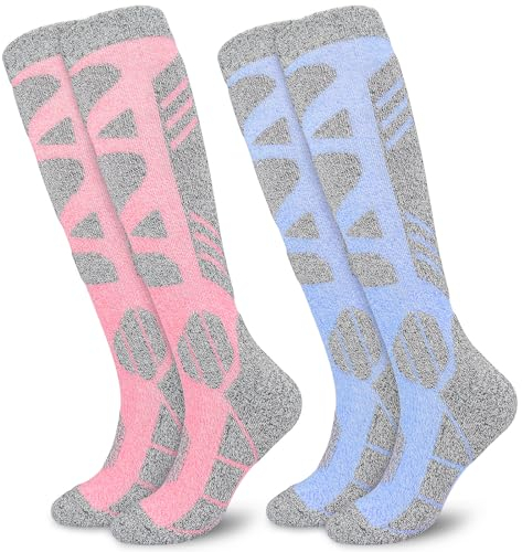 KOOOGEAR Skisocken für Damen, 2 Paar, kniehohe Thermosocken, Outdoor-Sportsocken für Snowboarden, Skifahren, Radfahren, Wandern, rosa / blau, 4-7