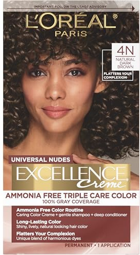 L’Oreal Paris Excellence Universal Nudes Permanent Hair Color, Ammonia Free Hair Dye for Gray Hair Coverage, 4N Natural Dark Brown, 1 Hair Dye Kit