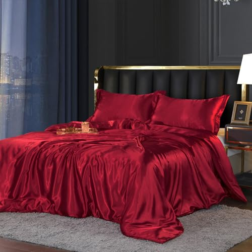 Satin Bed Linen 135 x 200 cm Red Wine Red Shiny Silk Plain Bed Linen Sets Smooth Luxury Gloss Satin Red Bed Linen Duvet Cover Set Microfibre Single Bed with Zip and Pillowcase 80 x 80 cm