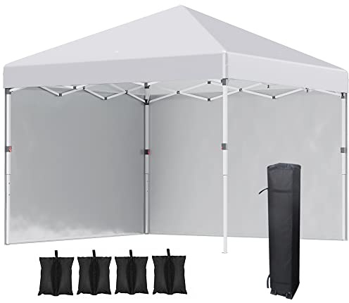 Outsunny Pavillon ca.3x3m, wasserabweisend Stabil Winterfest Pop-up Faltpavillon mit 2 Seitenwänden, UV Schutz 30+, Faltbar Partyzelt Gartenzelt mit Tasche, Gartenpavillon für Camping, Weiß