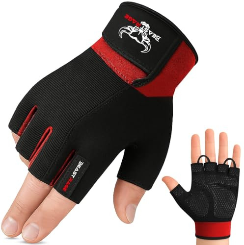 BEAST RAGE Guantes de Gimnasio de Entrenamiento Antideslizante Acolchado Palma Medio Dedo Entrenamiento Ejercicio Levantamiento de Pesas Guantes Ciclismo Multi Deportes (Red, S)