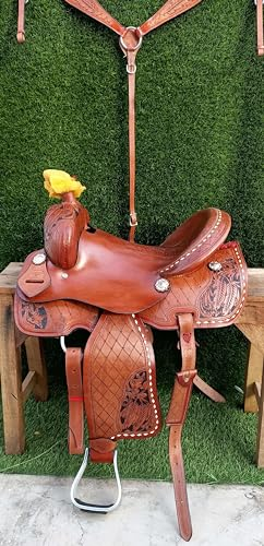 Wonder Wish Western-Rennsport-Pony-Sattel aus Leder, passend zum Reiten, Pferde-Sattel, passend, Lederhalfter, Brustkragen, Sitz (Hellbraun, 30,5 cm)