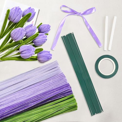 Trukafie Pfeifenreiniger,Pfeifenputzer zum Basteln,Tulpe Pfeifenputzer Set mit 4 Farben,Pfeifenreiniger Blumen mit Schmelzklebstoff,Blumenstäbchen,Bänder,Klebebänder,Chenilledraht für Basteldeko