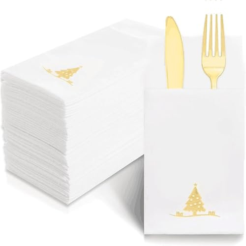 Joyido 100PCS Christmas Napkins Disposable - Gold Paper Napkins with Built-in Flatware Pocket Prefolded Cloth Like - Heavy-duty Linen-Feel Dinner Napkins for Christmas & Party