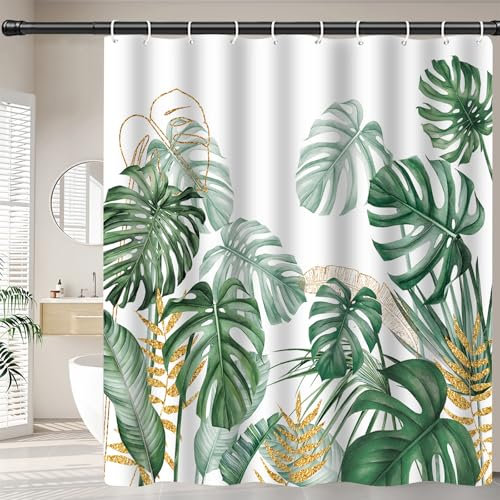 FAIRYGATE Duschvorhang Abstrakt Dusch Vorhang Stoff Duschvorhänge Duschvorhang 180x180 cm Weiß Grün Blätter Bad Waschbar Polyester Textil Wasserdicht Badevorhang für Badewanne mit 12 Haken B9816