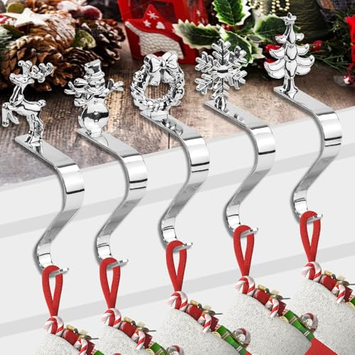 NAROSEBE 5 Stück Weihnachtsstrumpf Haken Halter Silber Kaminhaken Weihnachten Christmas Hook Weihnachtsstrümpfe Halter Kamin Stocking Holder Christmas Nikolausstrumpf Halter für Kamin Deko Weihnachten
