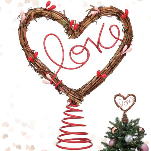 Gejoy 7 Inch Valentine Tree Topper Heart Tree Topper Rustic Rattan Treetop Valentines Love Wreath Decor with Red Pink Berry Heart for Valentines Wedding Holiday Party Wall Home Front Door Decor
