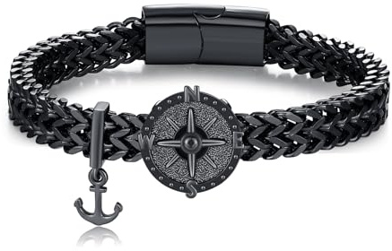 MEDWISE Compass Bracelet for Men Black 925 Sterling Silver Viking Anchor 8.5 Inches Stainless Steel Bracelet Punk Compass Jewelry for Him Men Father Husband Brother Son