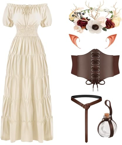 Renaissance Elf Costume Set for Women, Halloween Medieval Fairy Dress, Victorian Beige Short Sleeve Dress with Corset Elf Ears Garland Potion Bottle for Wedding, Masquerade Party, Cosplay, L