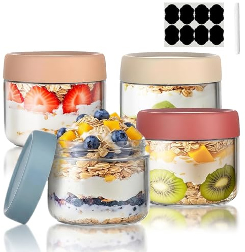 UAVAUI Overnight Oats Jar, 4 Pcs Glass Container with Sealed Screw Lid, 11 Oz Wide-Mouthed Sealed Food Storage Container, Mason Salad Jar is Used to Store Grains, Yogurt, Fruits, Candies, and Jams.